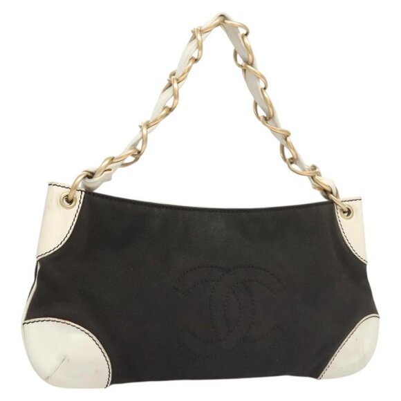 CHANEL Chain Shoulder Bag Canvas White Black - Picture 1 of 15